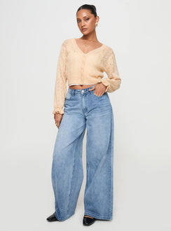side view of model wearing Princess Polly Lyric Cropped Cardigan Beige Cropped Jumpers Jumpers 