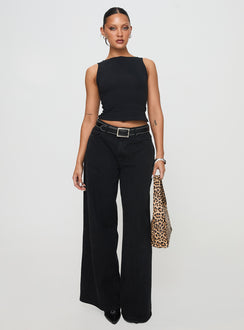 front view of model wearing Princess Polly Bleeker High Neck Top Black Sleeveless Boat Neck 