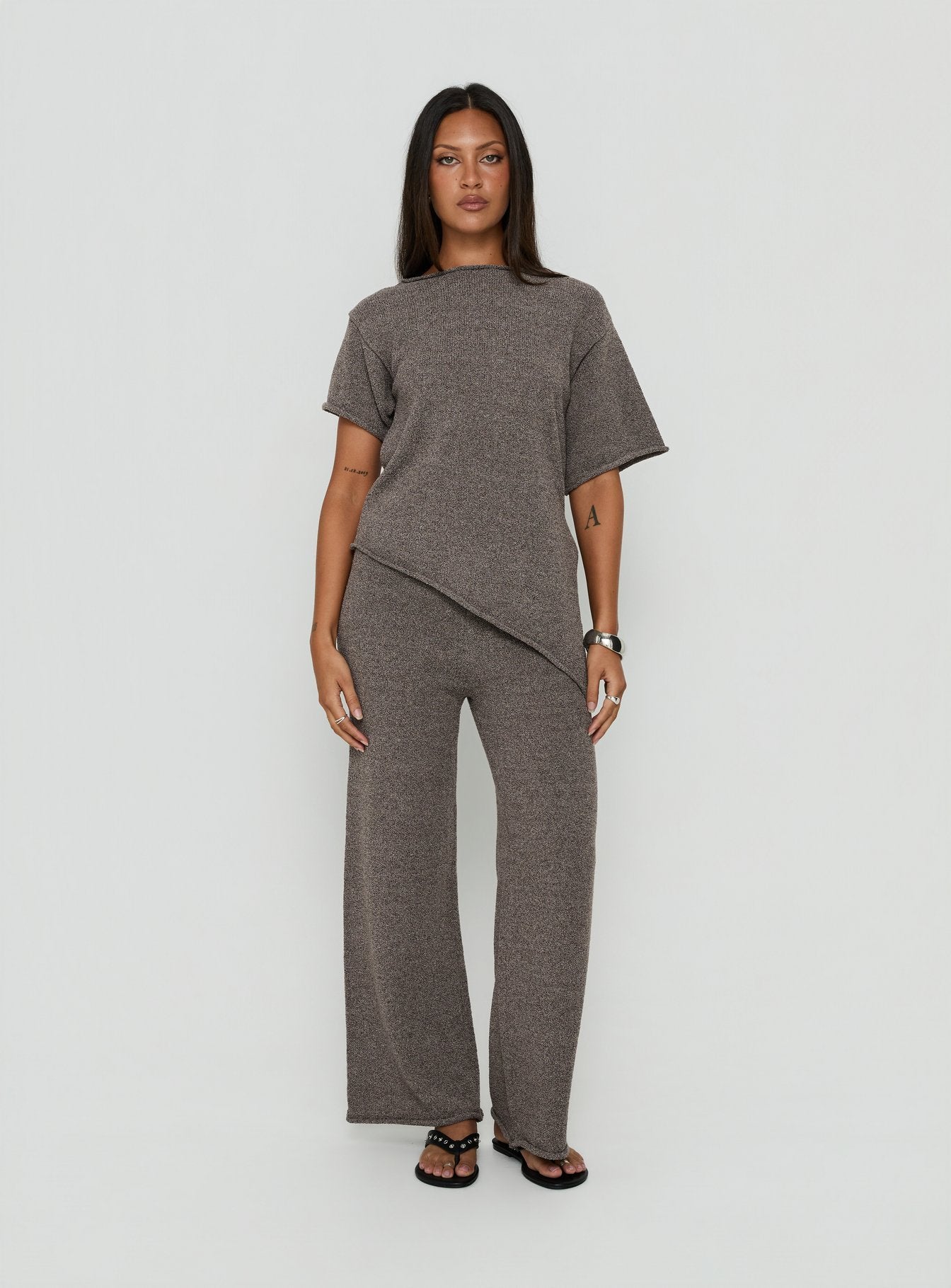 Presenting the Calisse Knit Wide Leg Pants Mocha womens regular pants in high-rise style front view of model wearing Princess Polly