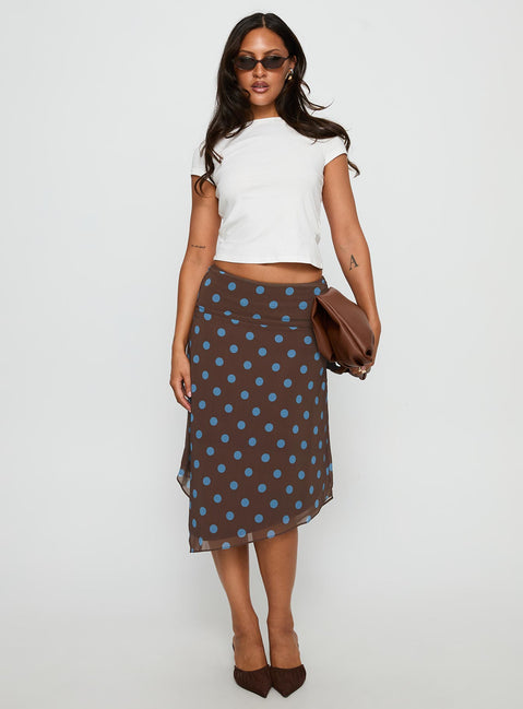   front view of model wearing Princess Polly Daphene Asymmetrical Midi Skirt Brown / Blue Polka Dot Midi Skirts 