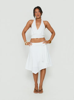Crafted with the Soft Focus Tie Waist Midi Skirt White womens-skirts in midi length featuring asymmetry shape and relaxed fit product
