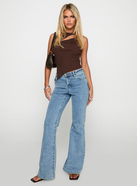 front view of model wearing Princess Polly Magic Mirror Mid Rise Bootleg Jeans Ice Wash Mid Rise 