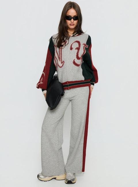 front view of model wearing Princess Polly Brandyce Straight Leg Knit Pants Grey / Red High Rise Pants Pants 