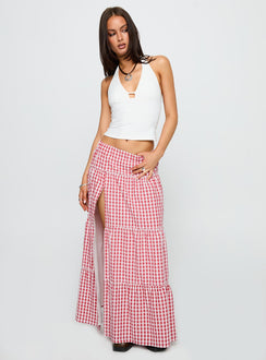   side view of model wearing Princess Polly Ilaina Tiered Maxi Skirt Red Check Maxi 