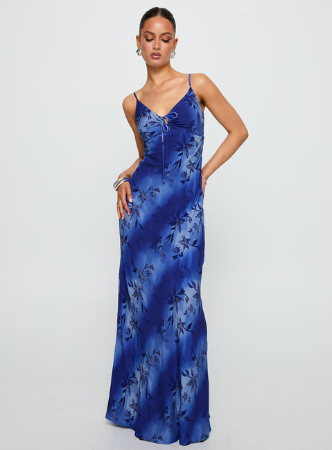 front view of model wearing Princess Polly Lauraline Maxi Dress Blue V-Neck 