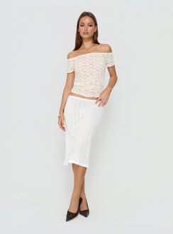 Presenting the Coralyne Pointelle Midi Skirt White womens-skirts in midi length side view of model wearing Princess Polly