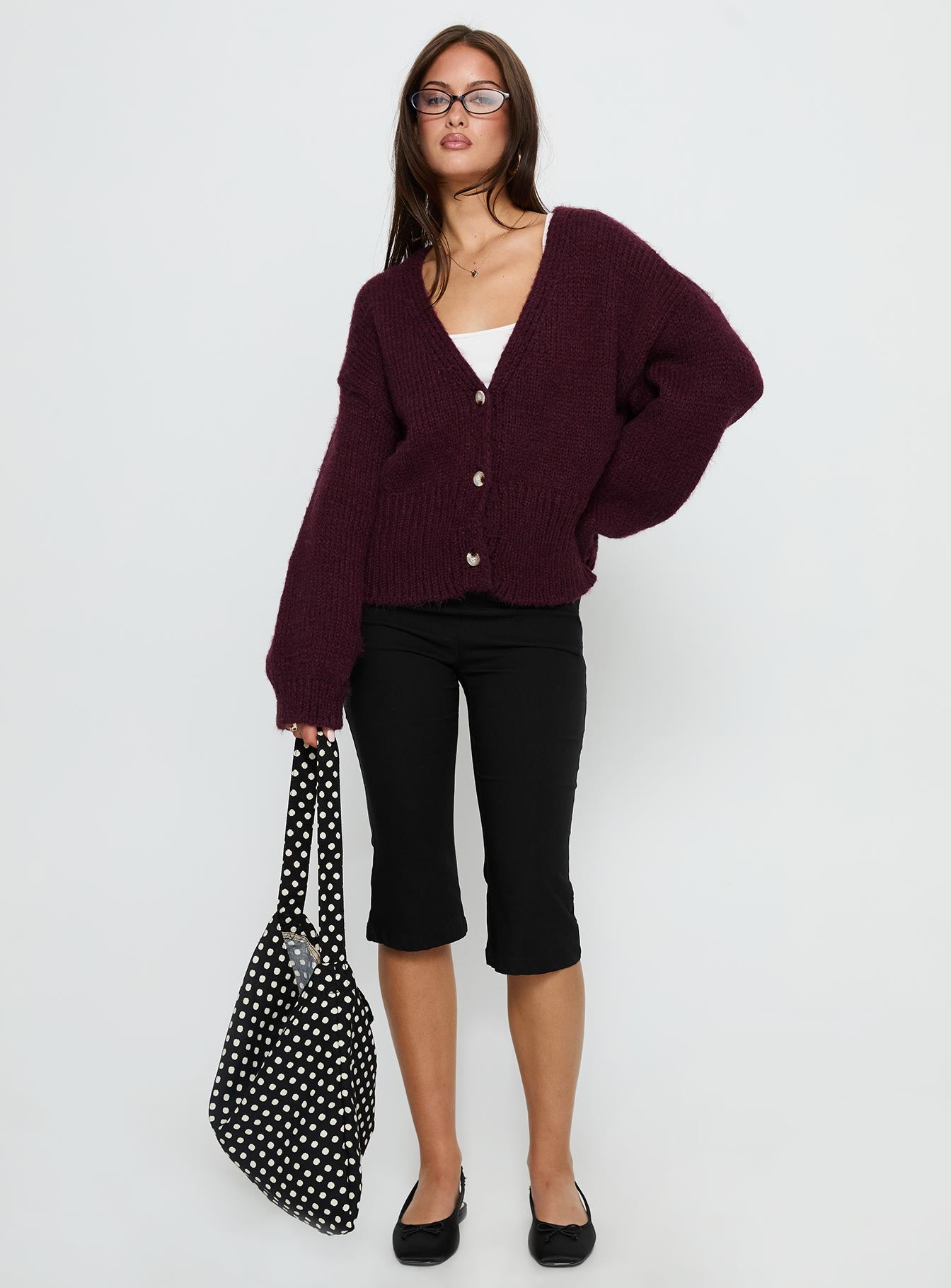 front view of model wearing Princess Polly Yasmyn Knit Cardigan Burgundy Longline Jumpers 