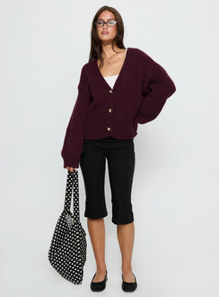 front view of model wearing Princess Polly Yasmyn Knit Cardigan Burgundy Longline Jumpers 