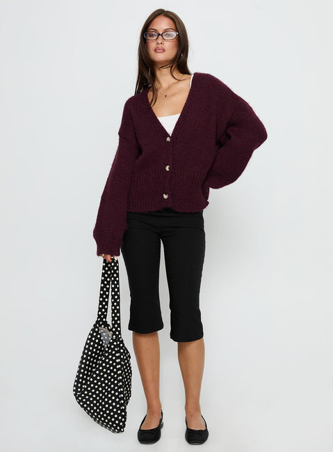 front view of model wearing Princess Polly Yasmyn Knit Cardigan Burgundy Longline Jumpers 