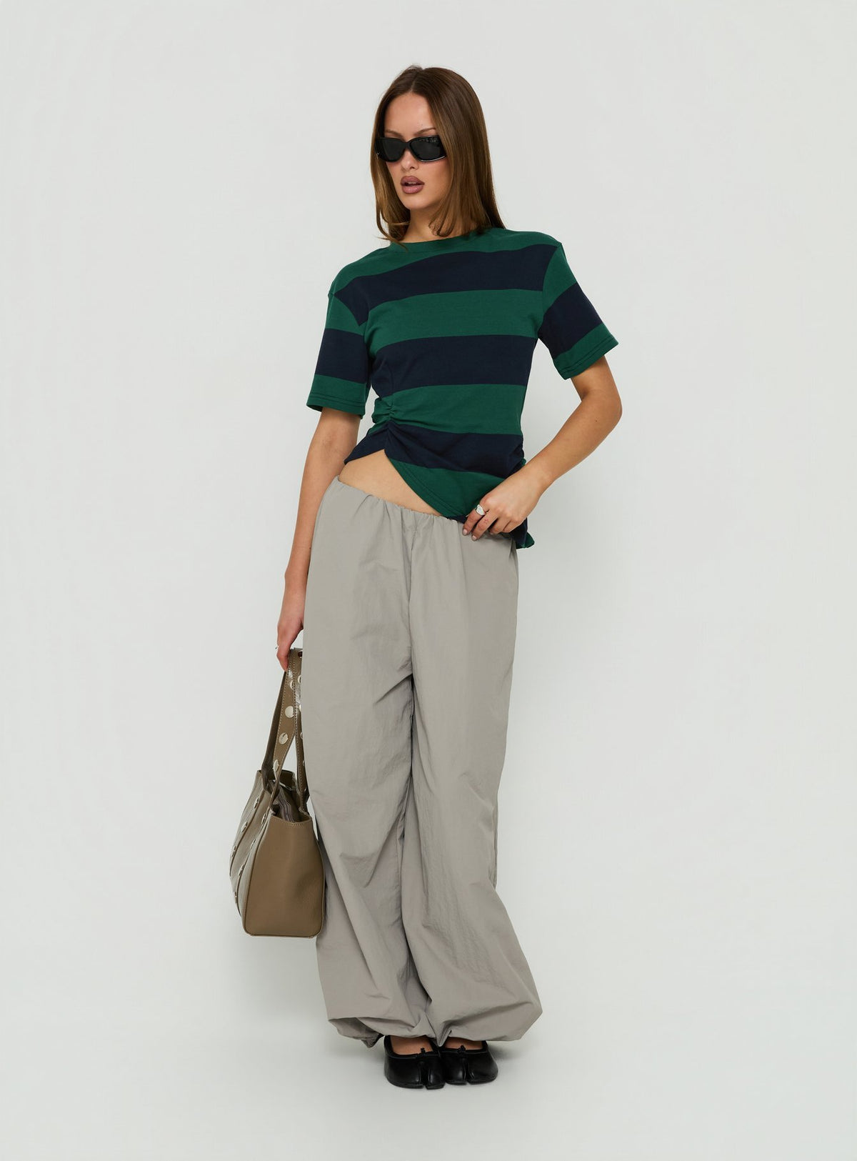 Designed with Your Orbit Nylon Baggy Pants Grey womens-regular-pants in high-rise detail view of model wearing