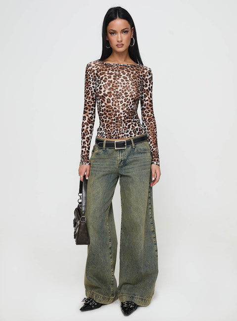 back view of model wearing Princess Polly Believe Me Long Sleeve Top Leopard Full Sleeves Scoop Neck 