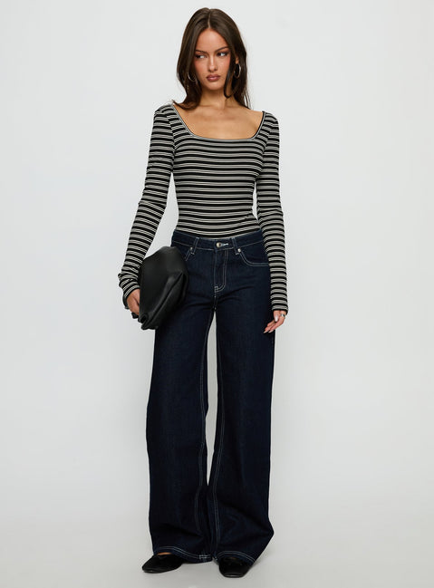 front view of model wearing Princess Polly Donica Square Neck Long Sleeve Bodysuit Grey Stripe Long Sleeve Tops 