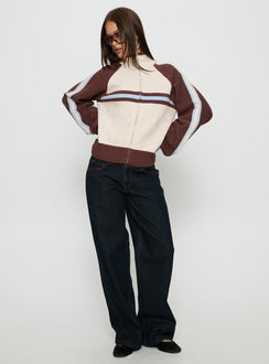Featuring the Lexanne Zip Through Knit Jumper Cream Multi womens-jumpers in short length side view of model wearing Princess Polly