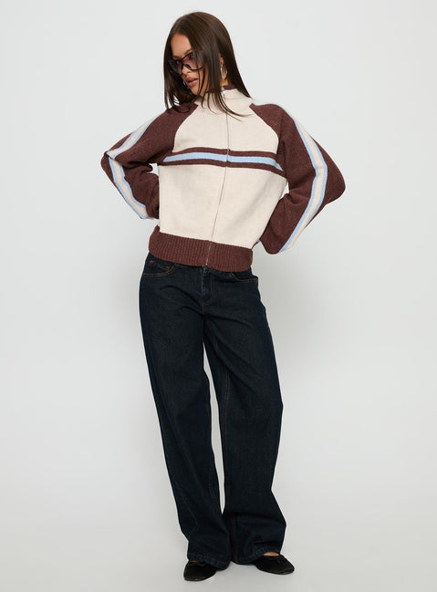 Featuring the Lexanne Zip Through Knit Jumper Cream Multi womens-jumpers in short length side view of model wearing Princess Polly