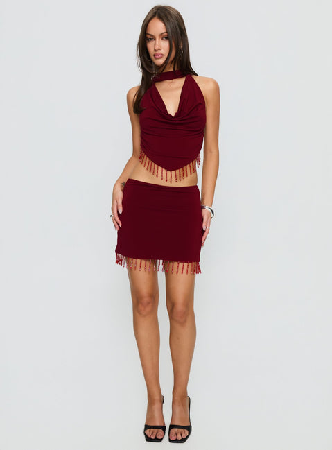 Ginah Bead Tassel Cowl Neck Top Red