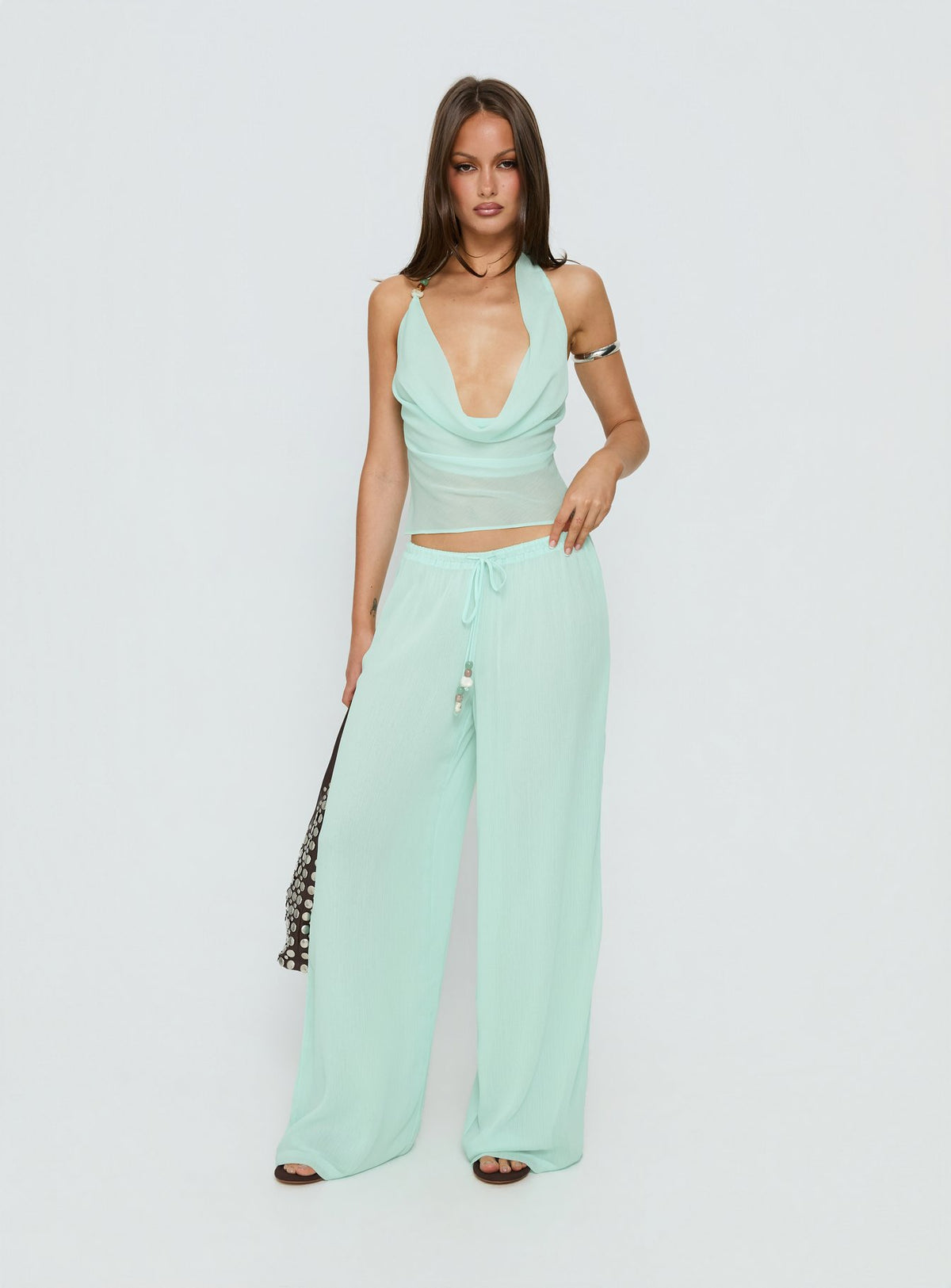 front view of model wearing Princess Polly Distinction Chiffon Pants Aqua Mid Rise Pants 