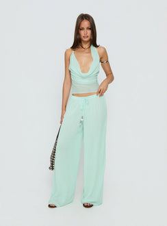 front view of model wearing Princess Polly Distinction Chiffon Pants Aqua Mid Rise Pants 