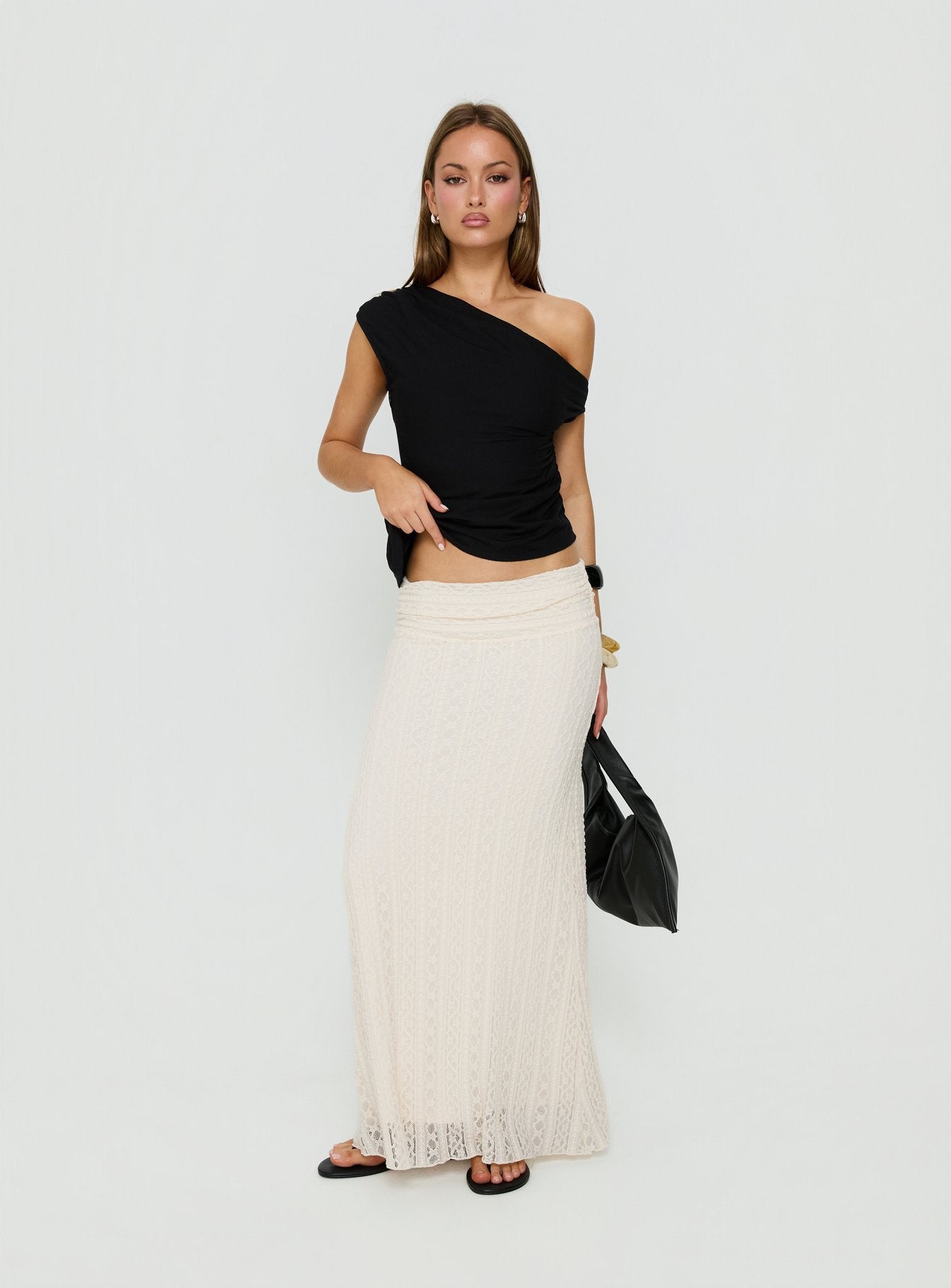 Discover the Katerine Ruched Lace Maxi Skirt Cream in womens-skirts front view of model wearing Princess Polly