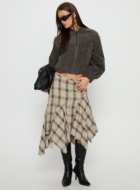   front view of model wearing Princess Polly Toshie Asymmetrical Midi Skirt Multi Check Midi Skirts 