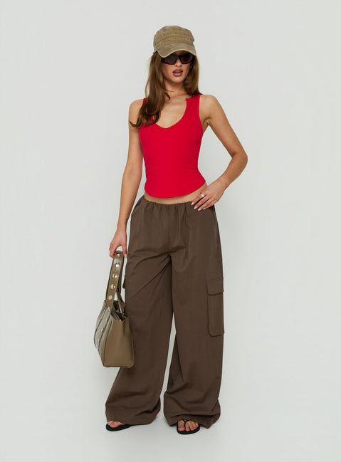 Featuring the Lunea Concealed Waistband Cargo Pants Brown womens-regular-pants with high-rise waist on-body view of model wearing Princess Polly