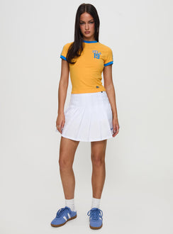front view of model wearing Princess Polly UCLA Goalie Baby Tee Yellow Short Sleeves Crew Neck 