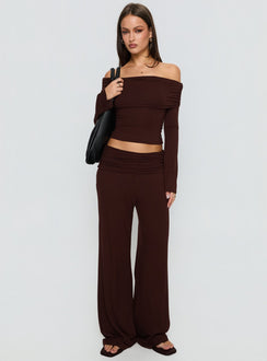 front view of model wearing Princess Polly Fawne Ruched Folded Pants Brown Mid Rise Pants 