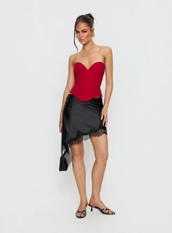   front view of model wearing Princess Polly Idette Lace Asymmetrical Mini Skirt Black Mini Skirts 