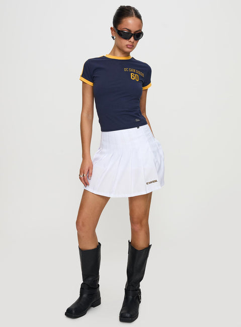 front view of model wearing Princess Polly UCSD Goalie Baby Tee Navy Short Sleeves Crew Neck 
