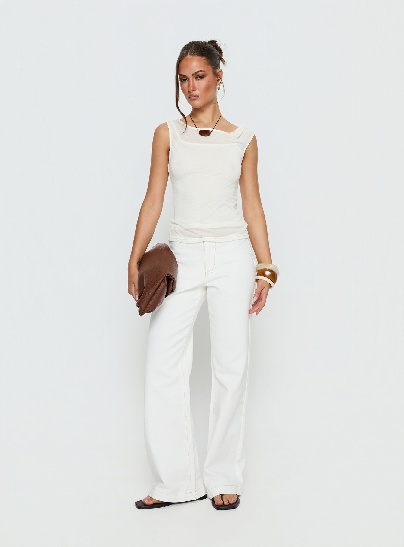 Showcasing Buenos No Waist Low Rise Straight Leg Jeans White Petite in womens-jeans front view of model wearing Princess Polly