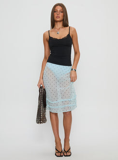   front view of model wearing Princess Polly Lyza Sheer Midi Skirt Blue Polka Midi Skirts Skirts 