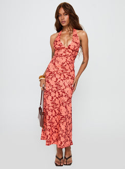 front view of model wearing Princess Polly Casablanca Halter Top Red Floral Sleeveless Plunger 