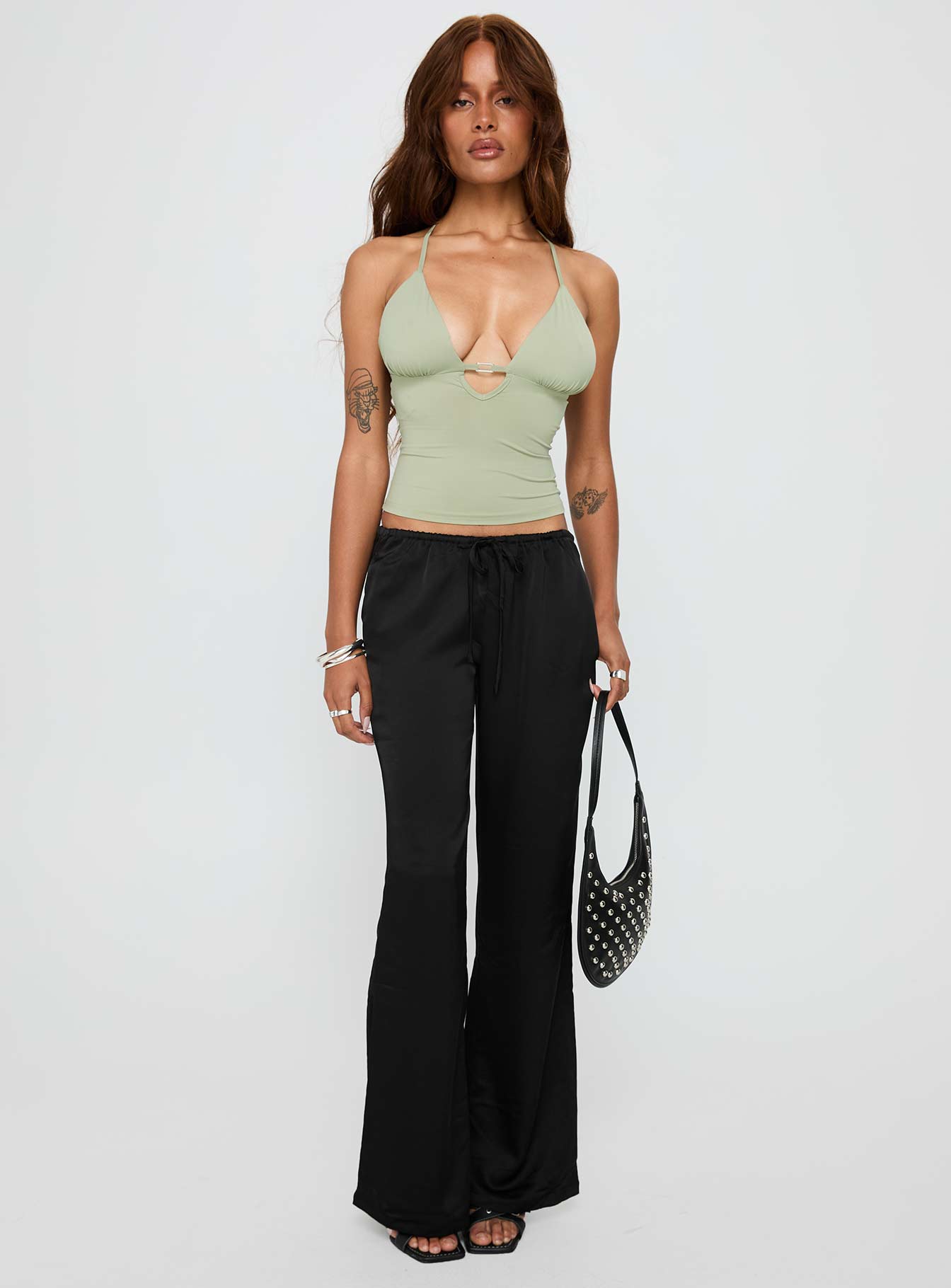 front view of model wearing Princess Polly Vanille Tie Waist Satin Pants Black Low Rise Pants Pants 