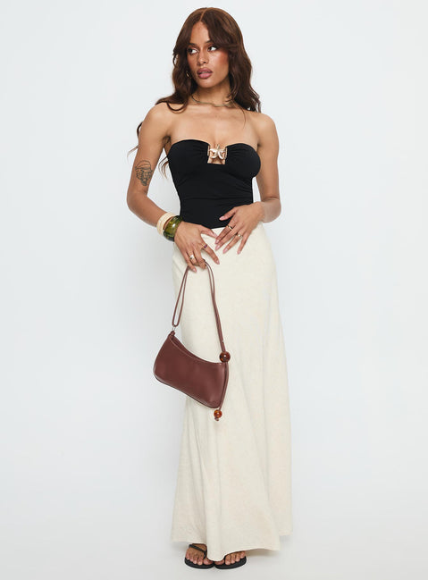 front view of model wearing Princess Polly Jadea Strapless Hardware Detail Bodysuit Black Sleeveless 