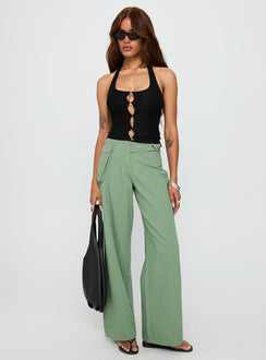 side view of model wearing Princess Polly Mercadi Mid Rise Straight Leg Cargo Jeans Green High Rise Jeans Jeans 