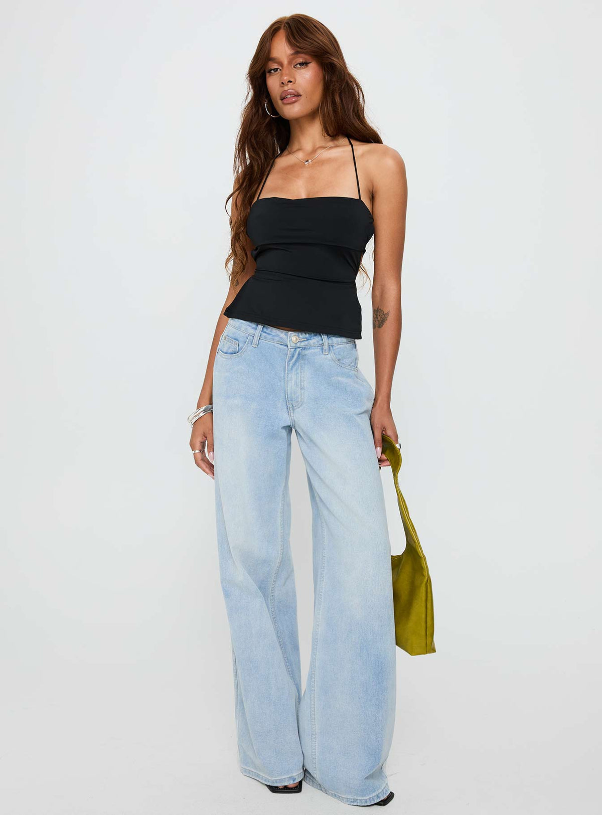 front view of model wearing Princess Polly In The End Tie Back Top Black Sleeveless Square Neck 