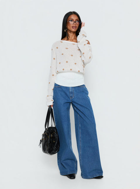 side view of model wearing Princess Polly Harvy Off Shoulder Knit Sweater White Polka regular 