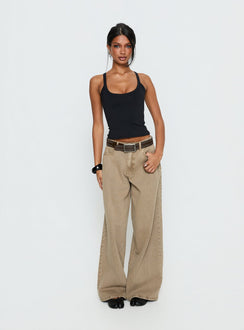 front view of model wearing Princess Polly Naylor Mid Rise Wide Leg Jeans Light Brown Wash Mid Rise Jeans 