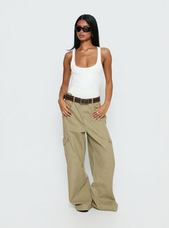 Showcasing the Sylene Pocket Detail Cargo Pants Khaki in womens-regular-pants with high-rise front view of model wearing Princess Polly