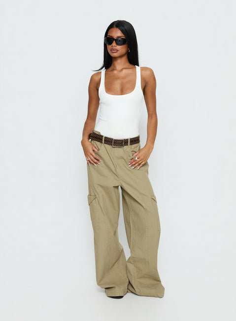 Showcasing the Sylene Pocket Detail Cargo Pants Khaki in womens-regular-pants with high-rise front view of model wearing Princess Polly