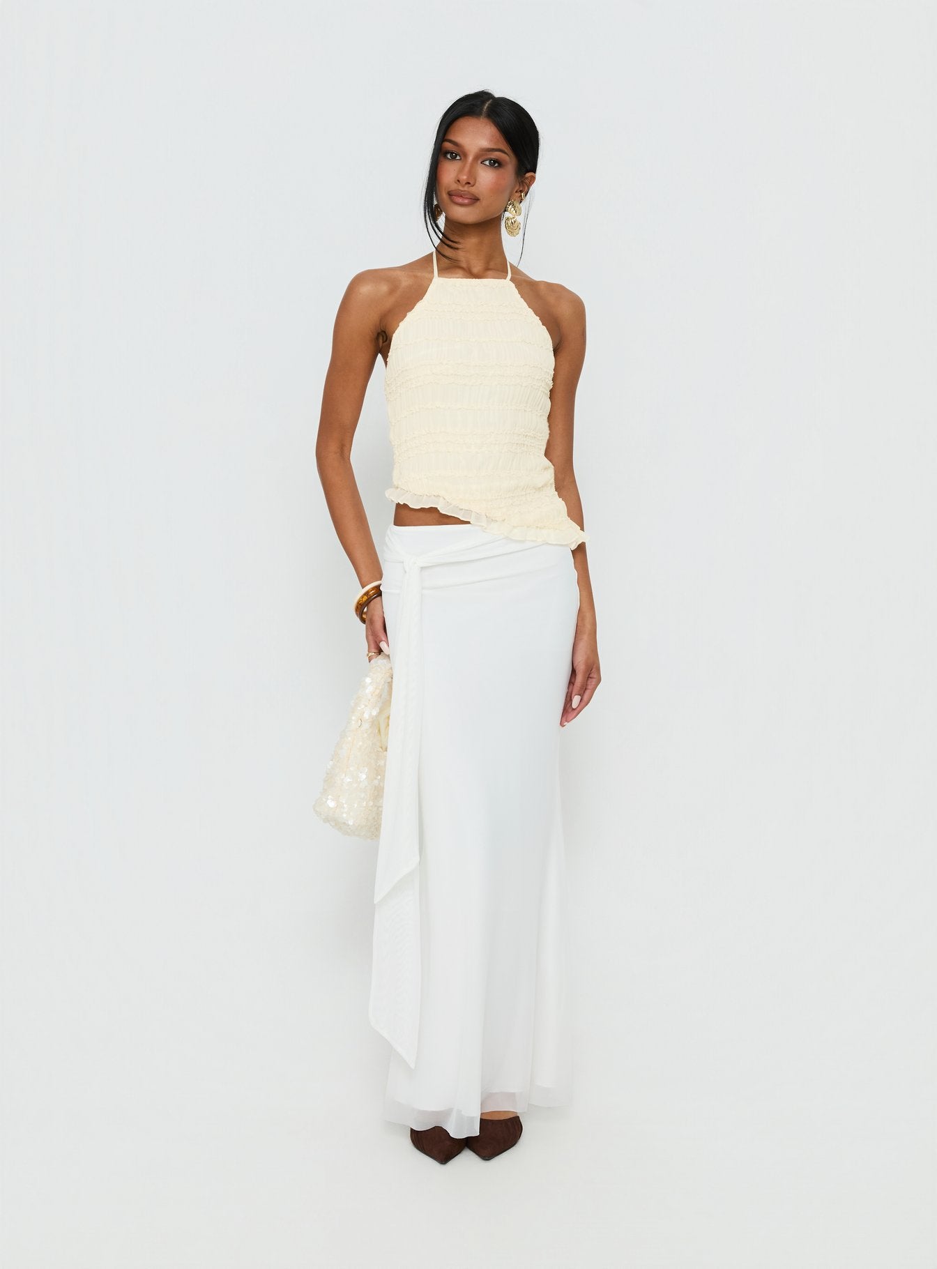   front view of model wearing Princess Polly Caviar Tie Maxi Skirt White Maxi Skirts 