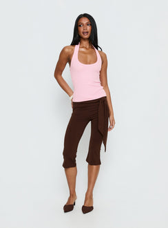 front view of model wearing Princess Polly Lizana Tie Side Capri Pants Brown Mid Rise Pants 