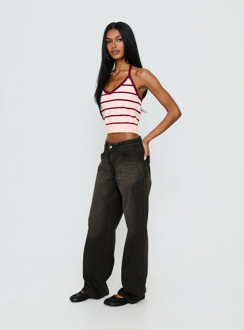 side view of model wearing Princess Polly Korinne Low Rise Baggy Jeans Washed Charcoal Low Rise Jeans 