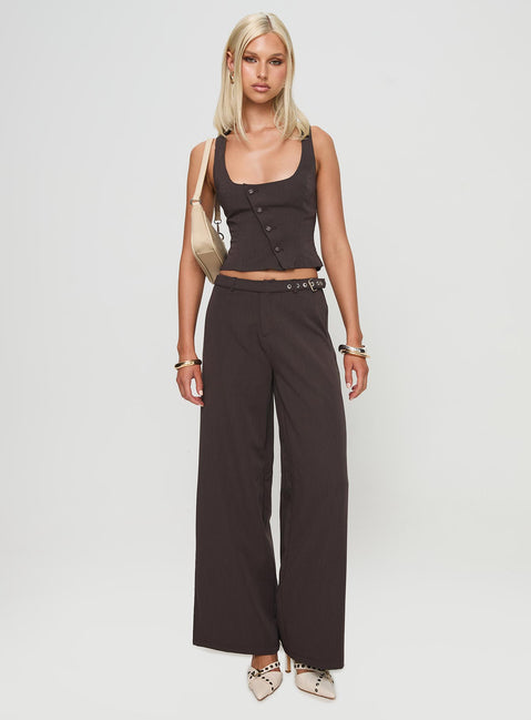 front view of model wearing Princess Polly Miku Pants Brown Mid Rise 