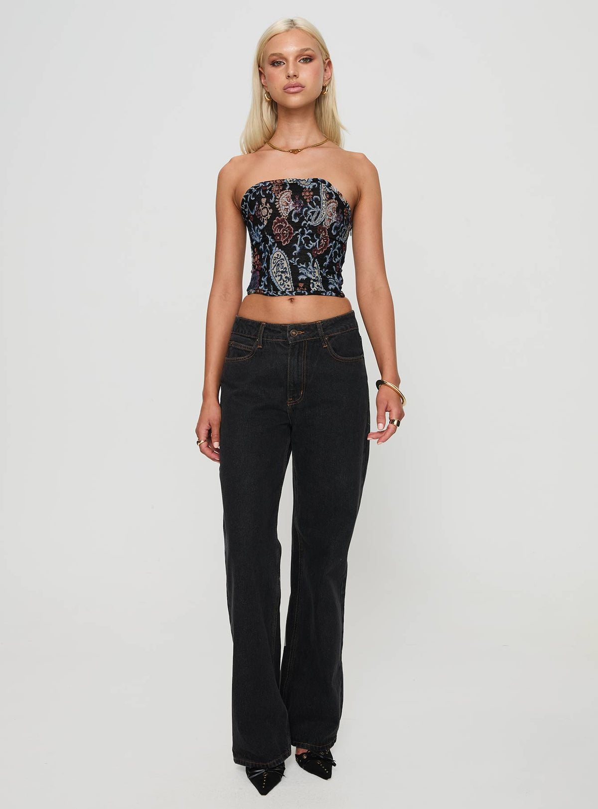back view of model wearing Princess Polly Lyrae Strapless Top Multi Sleeveless straight 