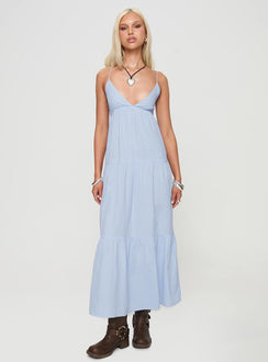front view of model wearing Princess Polly Chelsea Maxi Dress Blue Plunger 