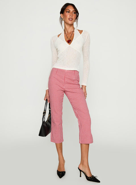 side view of model wearing Princess Polly Mignonette Capri Pant Red Gingham 