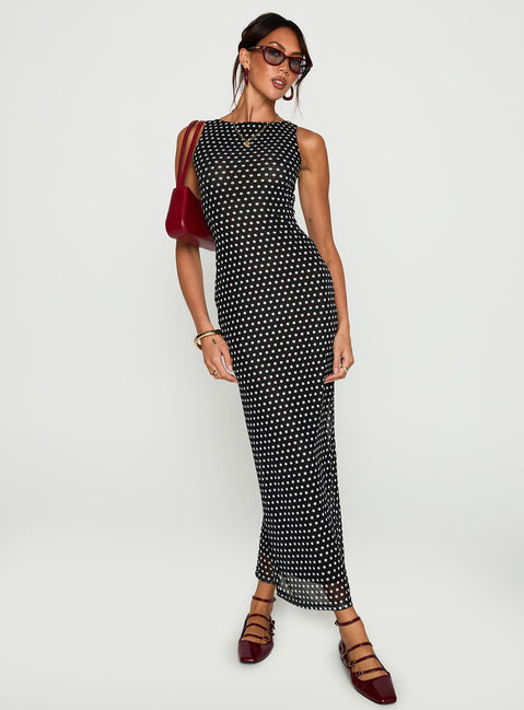 back view of model wearing Princess Polly Top Of Mind Maxi Dress Black Crew Neck 