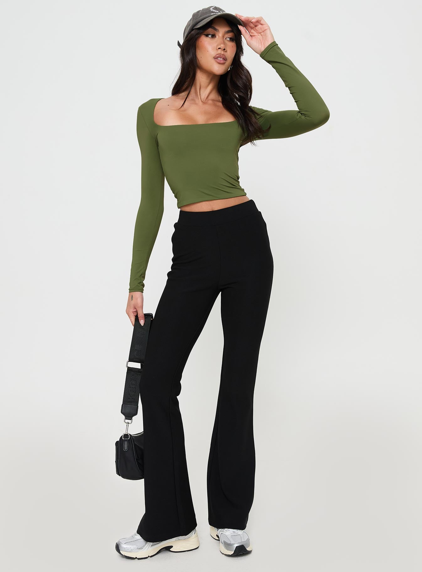 front view of model wearing Princess Polly Back In Time Long Sleeve Top Olive Full Sleeves Square Neck 