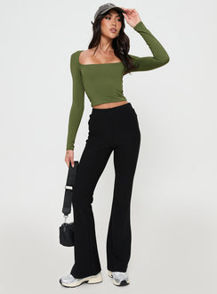 front view of model wearing Princess Polly Back In Time Long Sleeve Top Olive Full Sleeves Square Neck 
