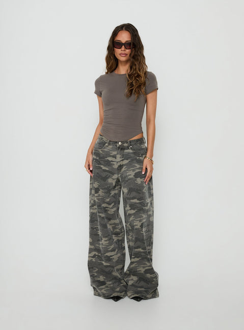 Showcasing the Naylor Mid Rise Wide Leg Jeans Camo in womens-jeans front view of model wearing Princess Polly